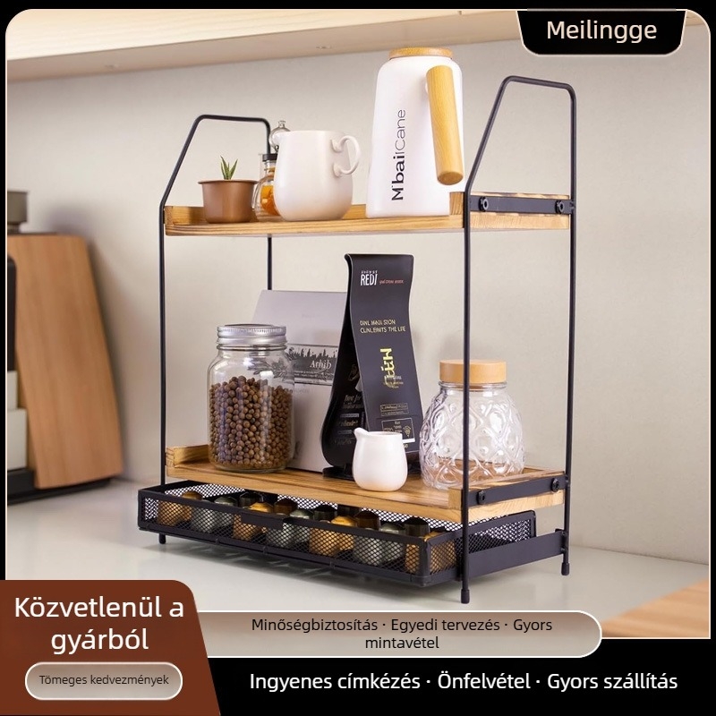 Meilingger Kétszintes konyhai asztali szervező – fűszertartó és pohártartó, fém és fa kombináció, modern minimalista stílus
