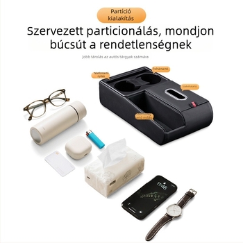 Természetes fából készült, többfunkciós autóorganizátor: zsebkendő tartó, pohártartó, kartámasz tároló és emelő párna