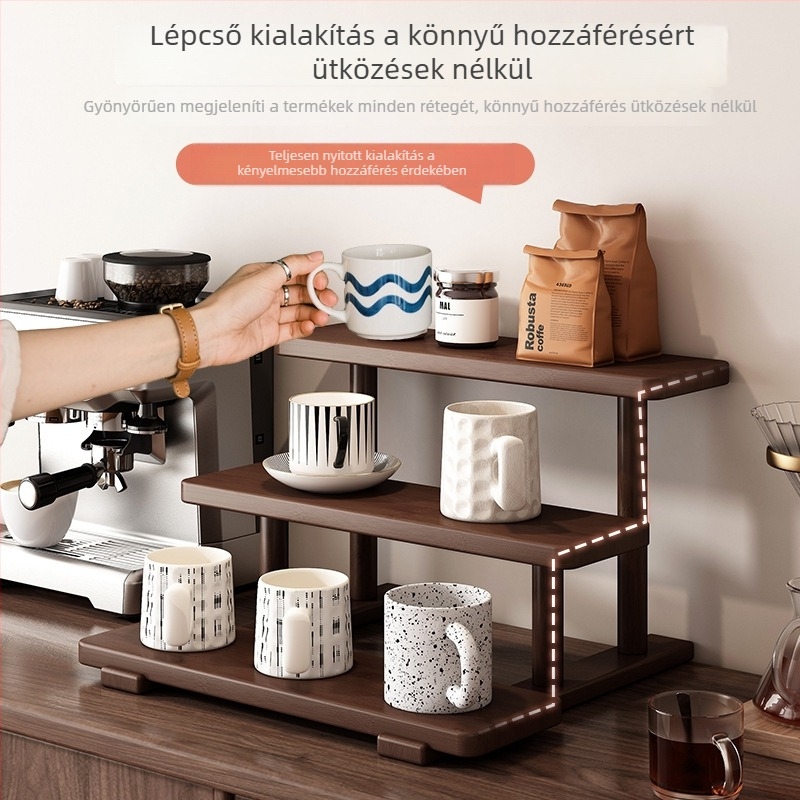 Diófából készült asztali tárolópolc, 3-szintes nordic stílusú bemutató polc kávé- és teáscsészékhez