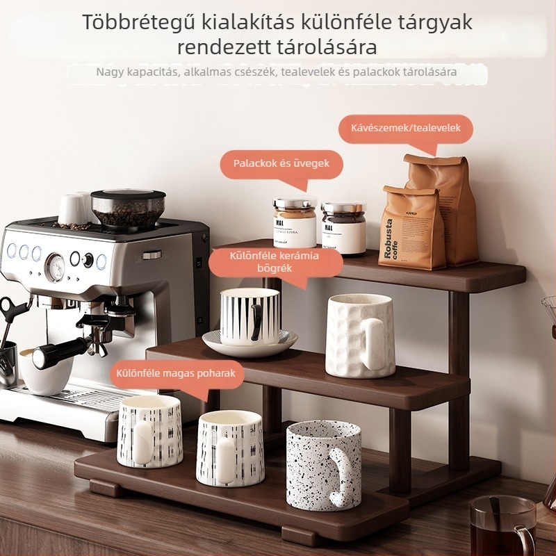 Diófából készült asztali tárolópolc, 3-szintes nordic stílusú bemutató polc kávé- és teáscsészékhez