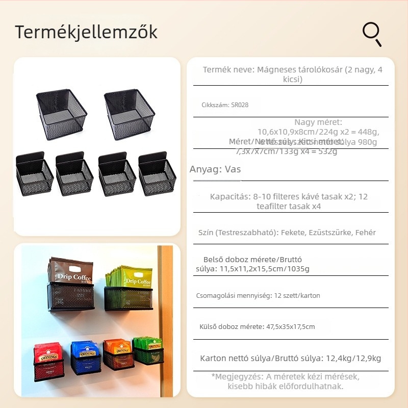 Mágneses kávétartó tárolókosár, vasból készült művészi dizájn, modern minimalizmus, 6-darabos teafilter-tároló