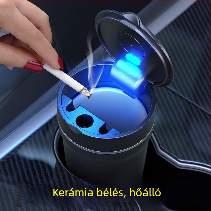 Autókerámiából készült hamutál LED világítással, tűzálló belső réteggel és fedéllel