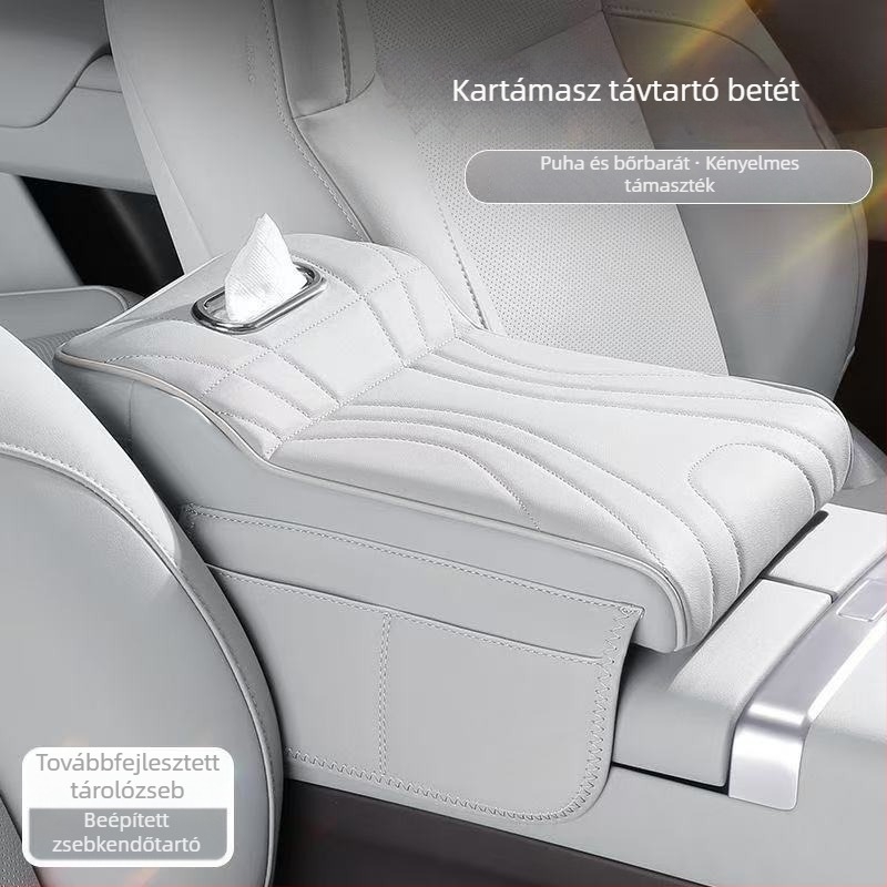 Univerzális autó kartámasz rendező emelhető párnával, zsebkendő tartóval és védő tároló tasakkal