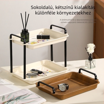 Két‑szintes, asztali tároló állvány, fa imitációval és pohártartóval, tejfehér színben, konyhába, nappaliba és előszobába