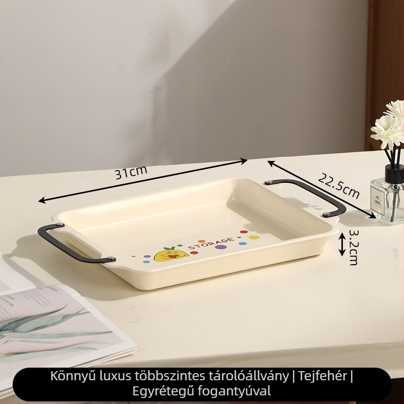 Két‑szintes, asztali tároló állvány, fa imitációval és pohártartóval, tejfehér színben, konyhába, nappaliba és előszobába