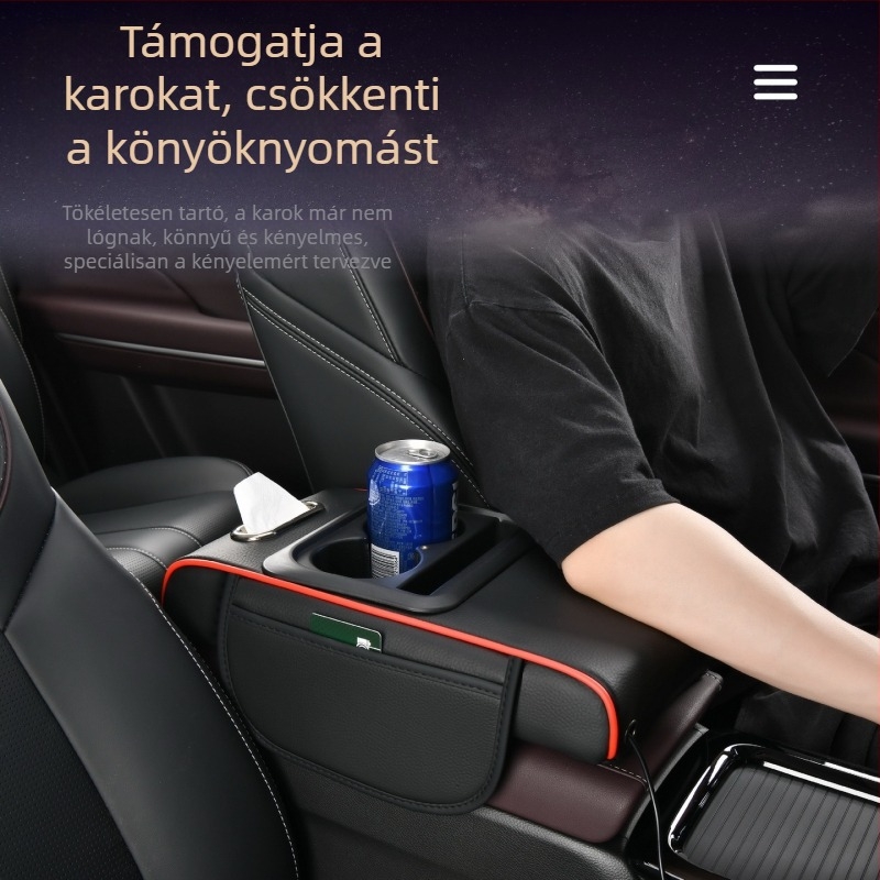 Autóhoz való többfunkciós kartámasz-doboz emelt csillagos tetővel, egyszerű változat, pohártartó, zsebkendő-tartó és telefontartó zsebbel