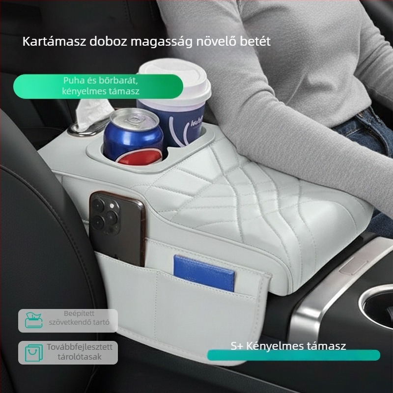 Autó kartámasz emelő párna központi védőburkolattal, tároló- és zsebkendő tartóval, pohártartóval