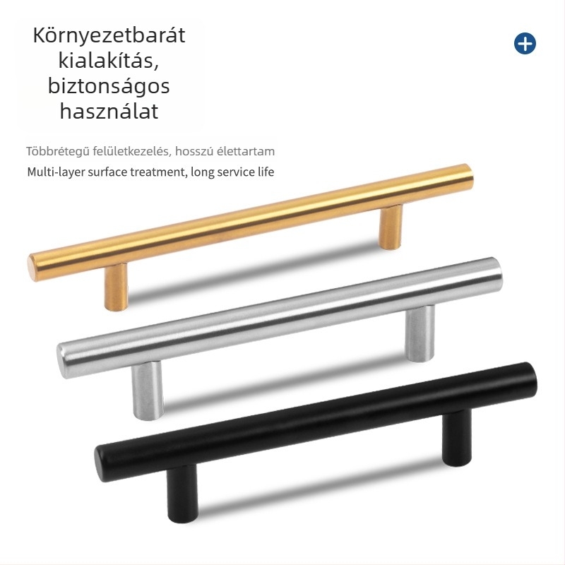 Rozsdamentes acél T-alakú szekrényajtó fogantyú, tömör vagy üreges kivitel, két szerelési lyuk, általános bútorhardver