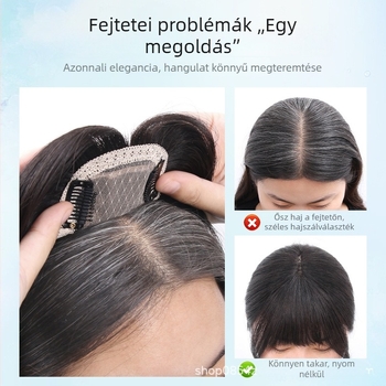 Női valódi hajból készült hajdarab, magas koronával, volumentel teli teteje, ősz haj fedése, természetes lágy frufru