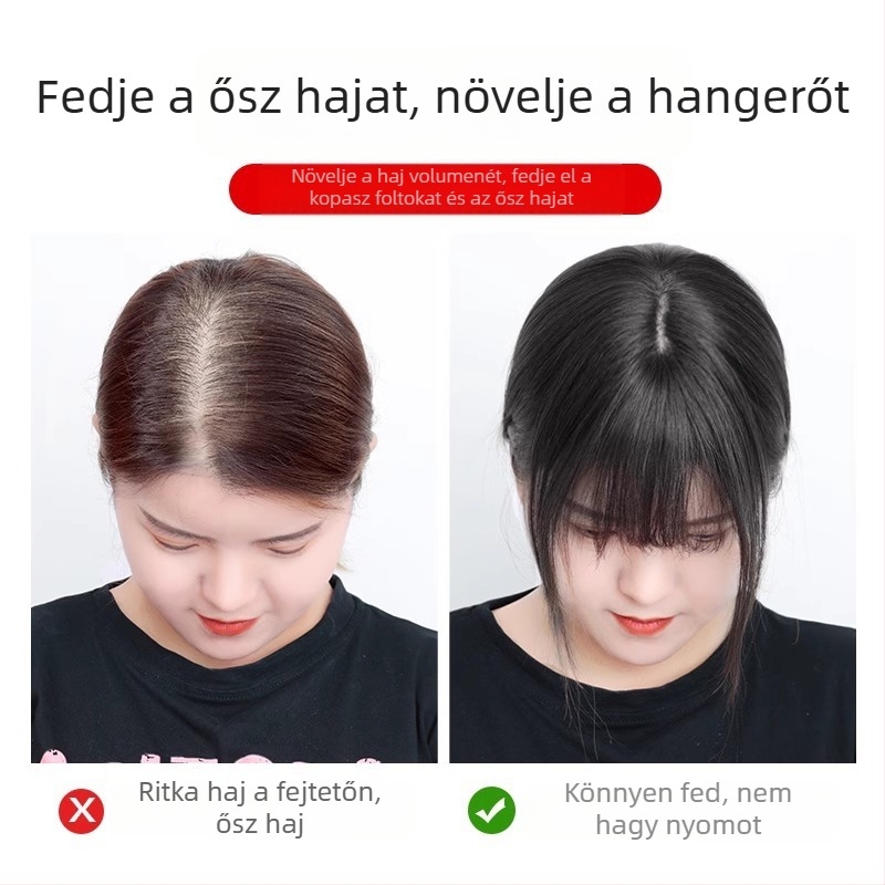 Valódi hajból készült topper a fejtetőre, ősz haj fedése, korona-térfogat, egyenes frufru, nőknek