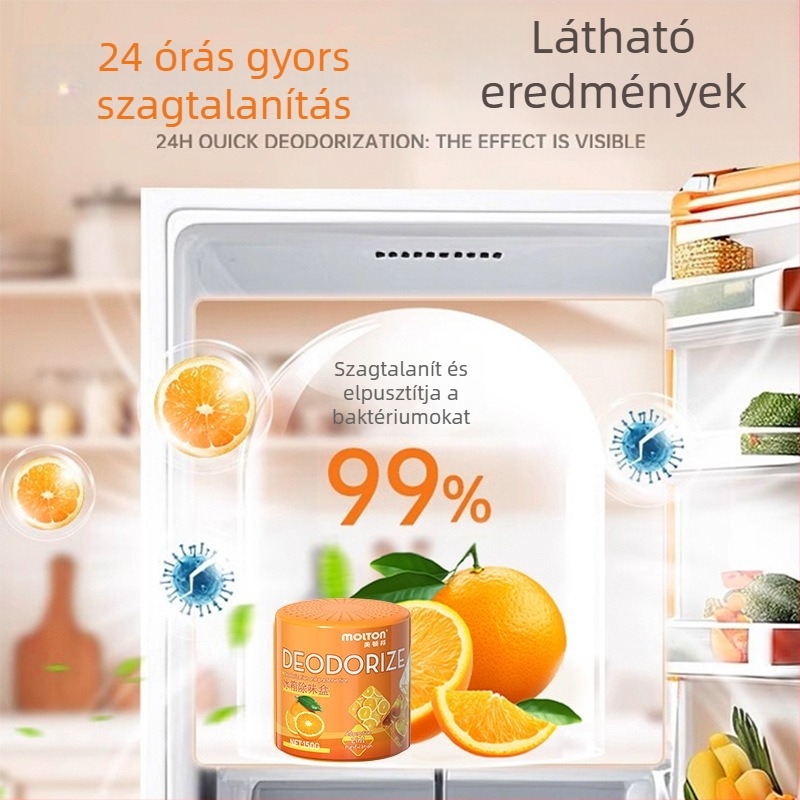 Hűtőszagtalanító aktív szénnel és növényi kivonatokkal, szagok eltávolítása, tisztítás, narancs illat, 150 g