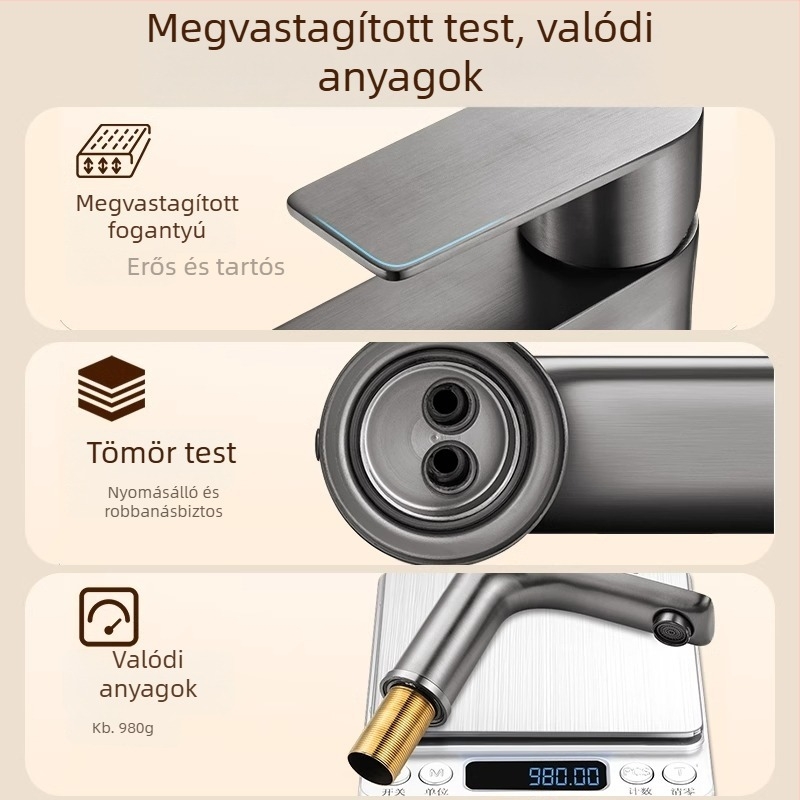 Rozsdamentes acélból készült háztartási mosdócsap, meleg és hideg vízzel