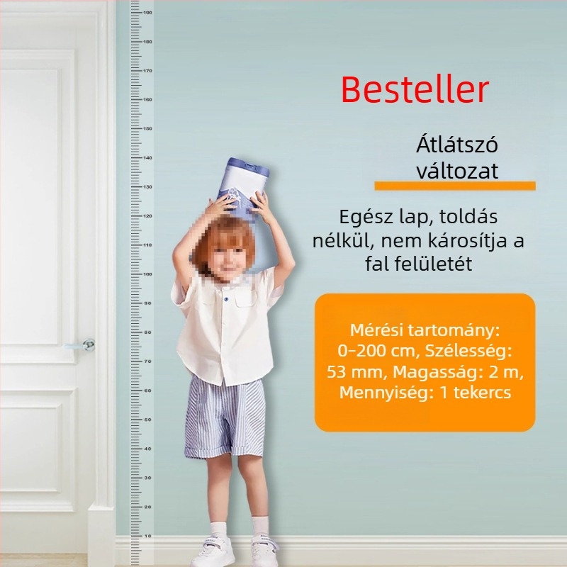 Eltávolítható, falhoz nem károsító magasságmérő vonalzó — átlátszó fali matricával a magasság méréséhez