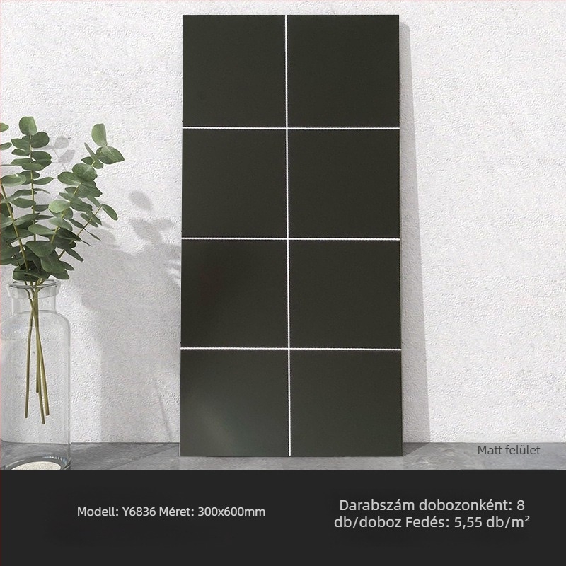 Fekete matt négyzetrácsos csempe, 300×600 mm, konyha- és fürdőszoba falaira, Nordic stílus, csúszásmentes