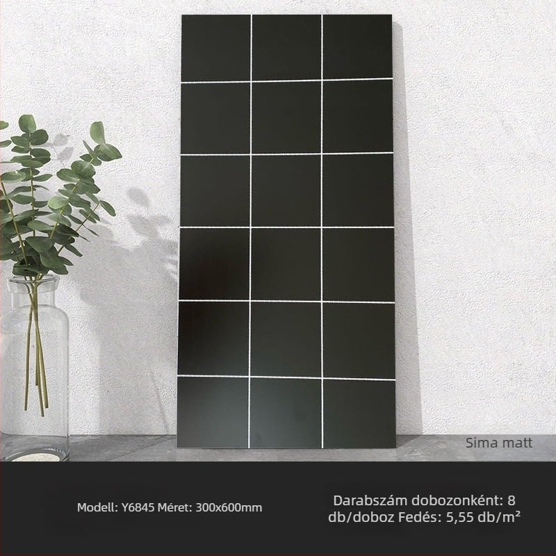 Fekete matt négyzetrácsos csempe, 300×600 mm, konyha- és fürdőszoba falaira, Nordic stílus, csúszásmentes