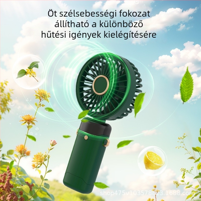 USB mini hordozható ventilátor, összecsukható és újratölthető, nyakba akasztható dizájn, digitális kijelző, asztali kis ventilátor logóval