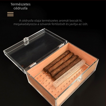 Szivar-humidor akril szerkezettel és cédrusfával, nagy kapacitású, átlátszó doboz