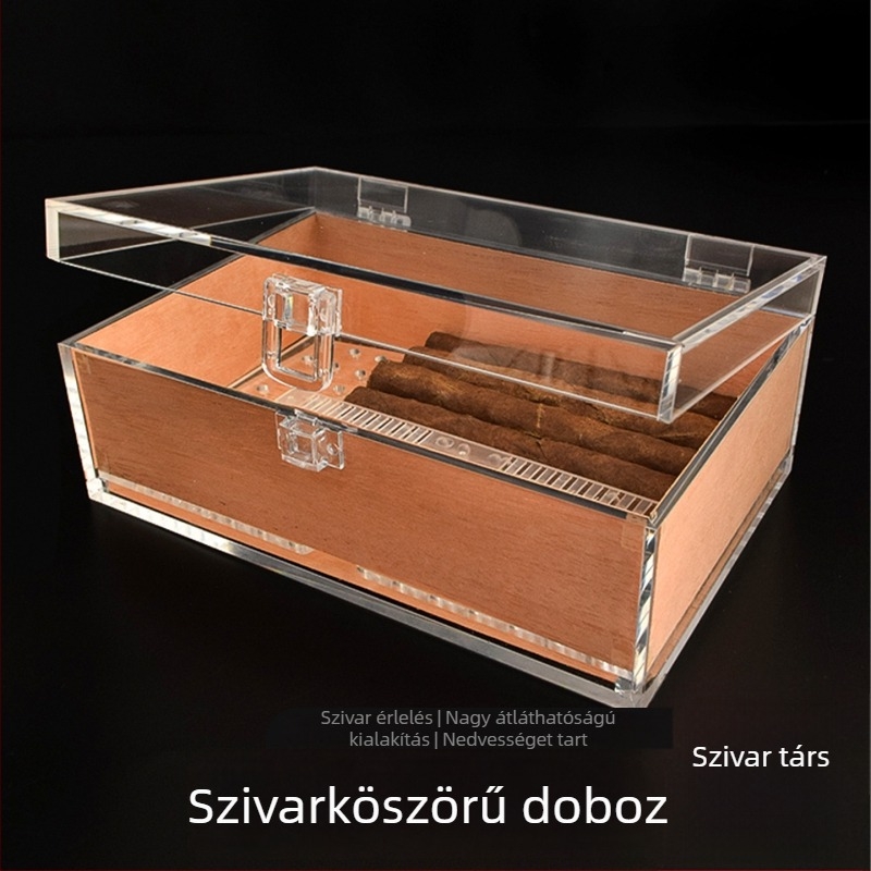 Szivar-humidor akril szerkezettel és cédrusfával, nagy kapacitású, átlátszó doboz