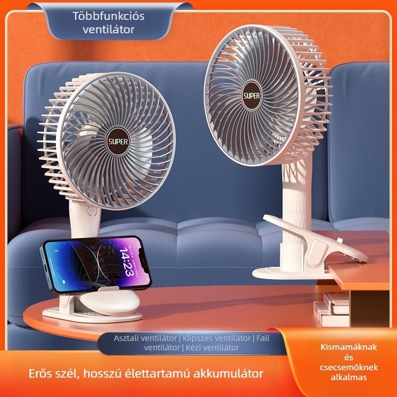 USB töltésű klipszes ventilátor – kompakt, hordozható asztali/fali ventilátor kempinghez, otthonhoz és irodához