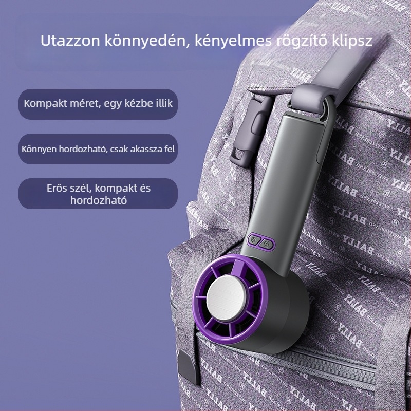 Termoelektromos hűtésű kézi ventilátor összecsukható asztali állvánnyal, turbó légáram, USB-tápellátás, beépített 1200–2000mAh akkumulátor, 3 sebesség