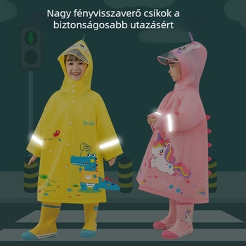 EVA gyerekeknek készült esőkabát rajzfilm mintával, aranyos és vastag, snap gombokkal, 3D hátizsákkal, fényvisszaverő csíkokkal és szélesebb kapucnis karimával