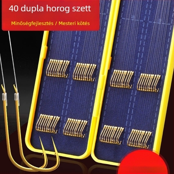 Két horogból álló horgász készlet előre kötött előtét-vezetékkel és arany színű hüvelyes horoggal