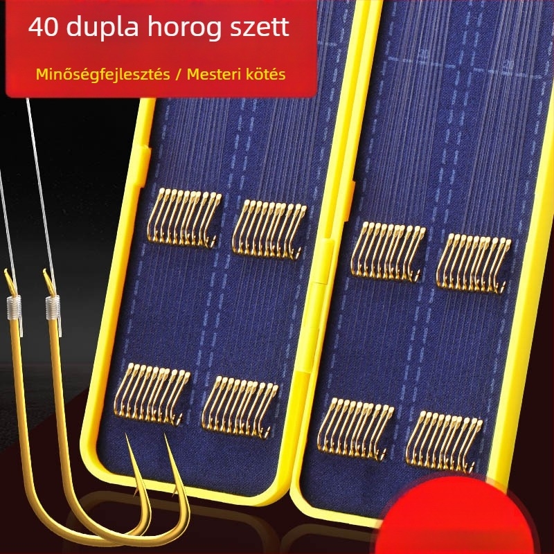 Két horogból álló horgász készlet előre kötött előtét-vezetékkel és arany színű hüvelyes horoggal