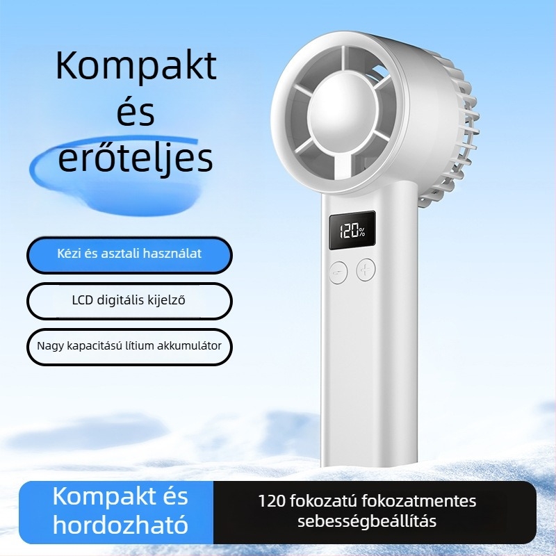 Mini USB újratölthető kézi ventilátor, kompakt hordozható belső és kültéri használatra, asztali ventilátor digitális kijelzővel