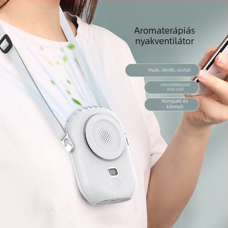 Nyakba akasztható, lapát nélküli USB-s töltésű aromaterápiás hordozható ventilátor – mini asztali ventilátor az irodába