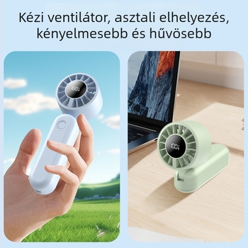 Digitális kijelzős összecsukható USB-asztali ventilátor, hordozható kézi ventilátor nagy sebességű hűtés (5 lapát, beépített akkumulátor 1200–2000 mAh)