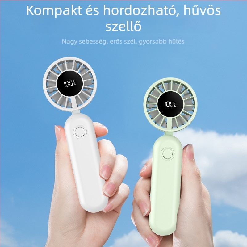 Digitális kijelzős összecsukható USB-asztali ventilátor, hordozható kézi ventilátor nagy sebességű hűtés (5 lapát, beépített akkumulátor 1200–2000 mAh)