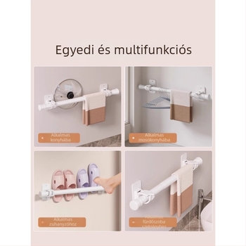 Fúrás nélküli fürdőszobai tárolóállvány erős ragasztóval a törölközőkhöz, kinyúló törölközőtartó rúddal és zuhanyfüggönyrúddal