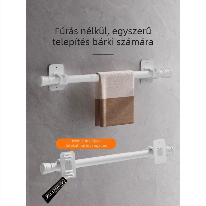 Fúrás nélküli fürdőszobai tárolóállvány erős ragasztóval a törölközőkhöz, kinyúló törölközőtartó rúddal és zuhanyfüggönyrúddal