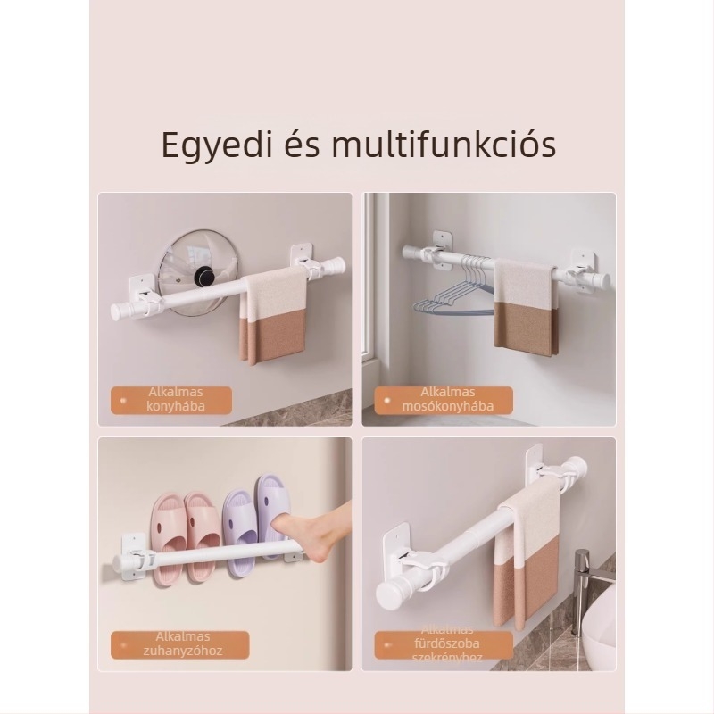 Fúrás nélküli fürdőszobai tárolóállvány erős ragasztóval a törölközőkhöz, kinyúló törölközőtartó rúddal és zuhanyfüggönyrúddal