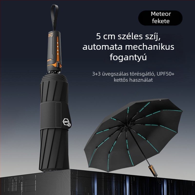 Teljesen automata esernyő, szélálló és megerősített, extrahatalmas méret a heves esőkhöz, egy gombnyomásra nyílik és záródik, összecsukható, nap- és eső használatra, férfi téli esernyő