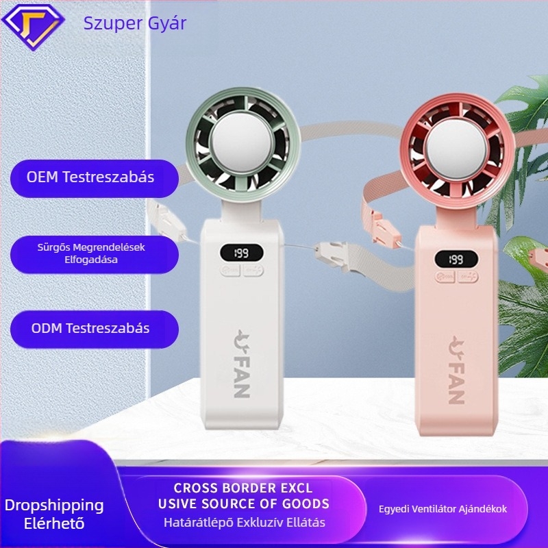 Nyakba akasztható mini ventilátor digitális kijelzővel, összecsukható, USB-töltés, brushless motor, beépített akkumulátor, kültéri használatra