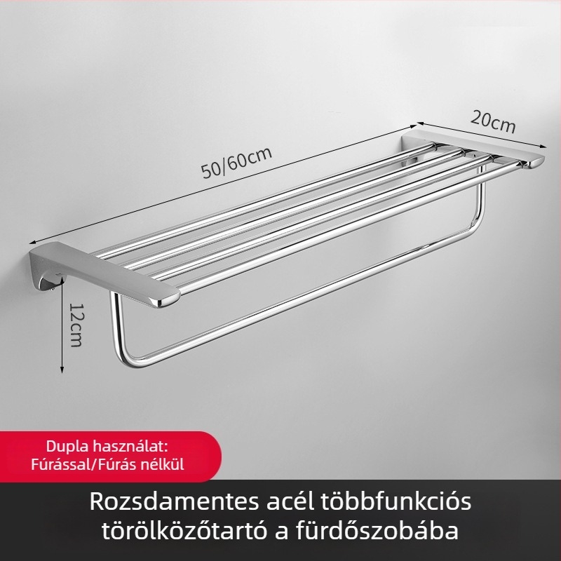 Rozsdamentes acél törölközőtartó dupla rúddal és papírtartóval – szerelés fúrás nélkül
