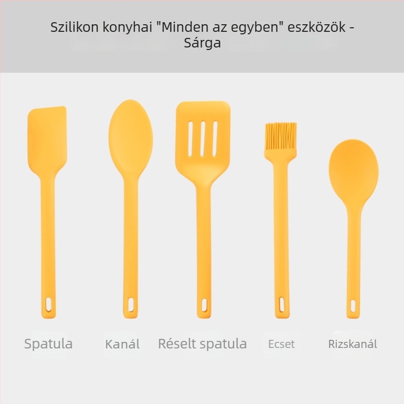 Integrált szilikon konyhai készlet: tapadásmentes serpenyőhöz való spatula, szilikon spatula, olajozó ecset, sütési eszközök