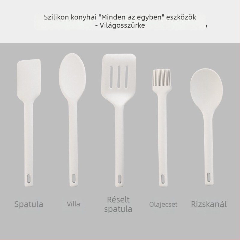 Integrált szilikon konyhai készlet: tapadásmentes serpenyőhöz való spatula, szilikon spatula, olajozó ecset, sütési eszközök