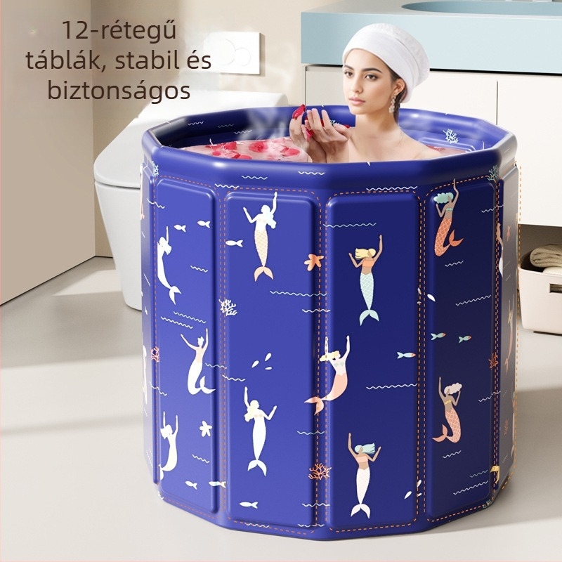 Összecsukható gyerekek fürdőkádja vastag szigetelő réteggel, környezetbarát PVC-ből, otthoni használatra.