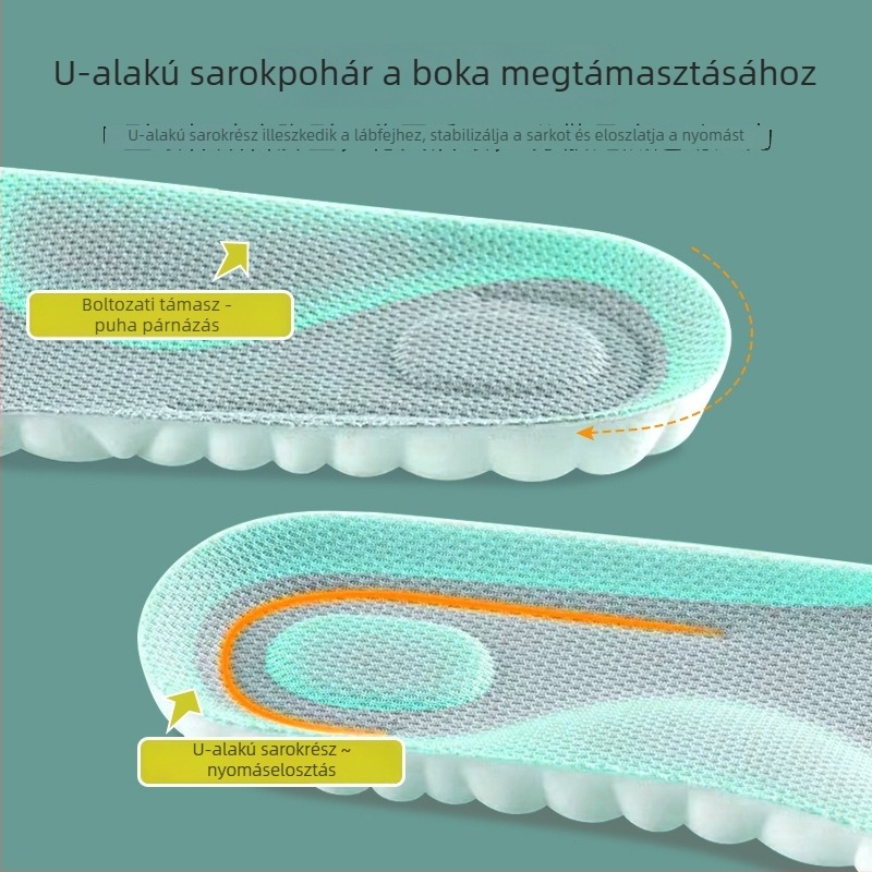 PU rendkívül rugalmas talpbetét arka-támogatással, vastagabb kivitelben, ütéscsillapító, nedvességelvezető és lélegző, edzőcipőkhöz