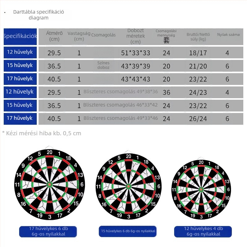 Dártkészlet filcelt papírból készült dartboarddal, kétoldalas papírcél, professzionális minőségű acélhegyű dartok