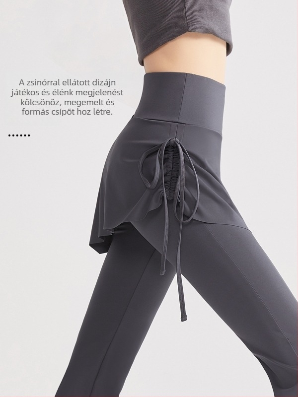 Női elasztikus leggings, magas derekú, enyhén bővülő szárú, húzózsinórral, jóga és hétköznapi viseletre
