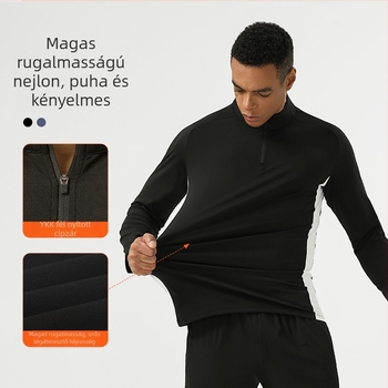 Férfi hosszú ujjú sportos felső álló gallérral és fél cipzárral, nylon-spandex keverékből, edzésre, futásra és kerékpározásra tavasz–őszre.