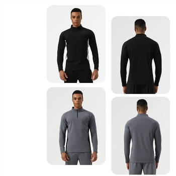 Férfi hosszú ujjú sportos felső álló gallérral és fél cipzárral, nylon-spandex keverékből, edzésre, futásra és kerékpározásra tavasz–őszre.