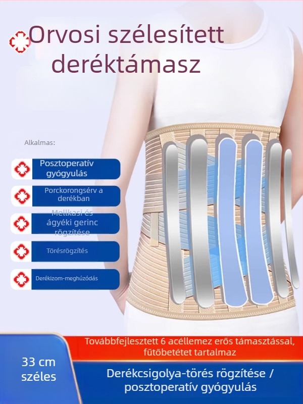 Légáteresztő deréköv a lumbosacrális és torakális gerinc stabilizálásához, posztoperatív védelem, magas deréktáj