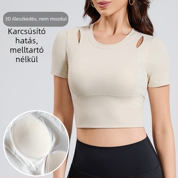Női cropped rövid ujjú jóga felső kivágott mintával és beépített kosarakkal, futáshoz és pilateshez