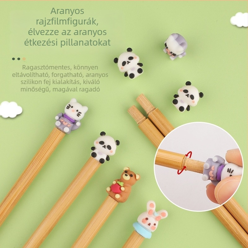 Gyerekeknek szóló bambusz evőpálcikák, rövid méretűek, szilikonos véggel, állat motívummal, 3–6 éveseknek