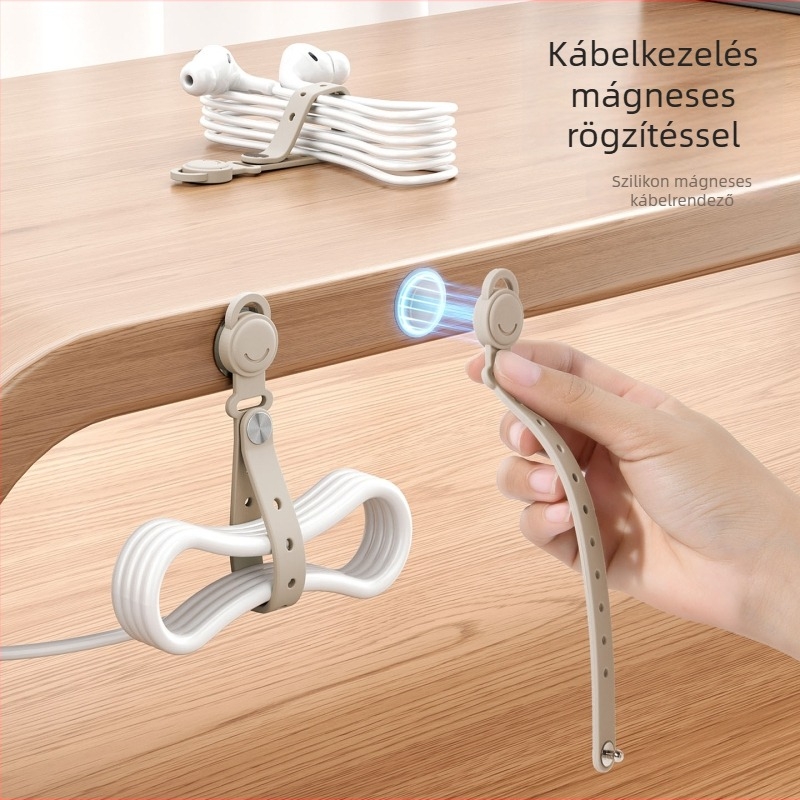 Többfunkciós falra szerelhető kábelrendező szilikon mágneses szalaggal adatkáblek tárolására, akasztóval és rögzítővel a falon