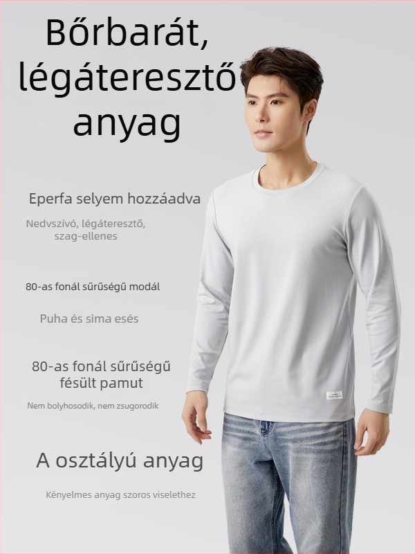 Férfi hosszú ujjú modal-pamut póló, laza szabású, egyszínű, kerek nyakú, mindennapi viselet